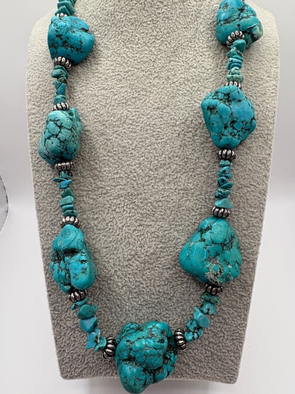 Turquoise Nugget Necklace with Silver Accents Southwestern Stone 20”
